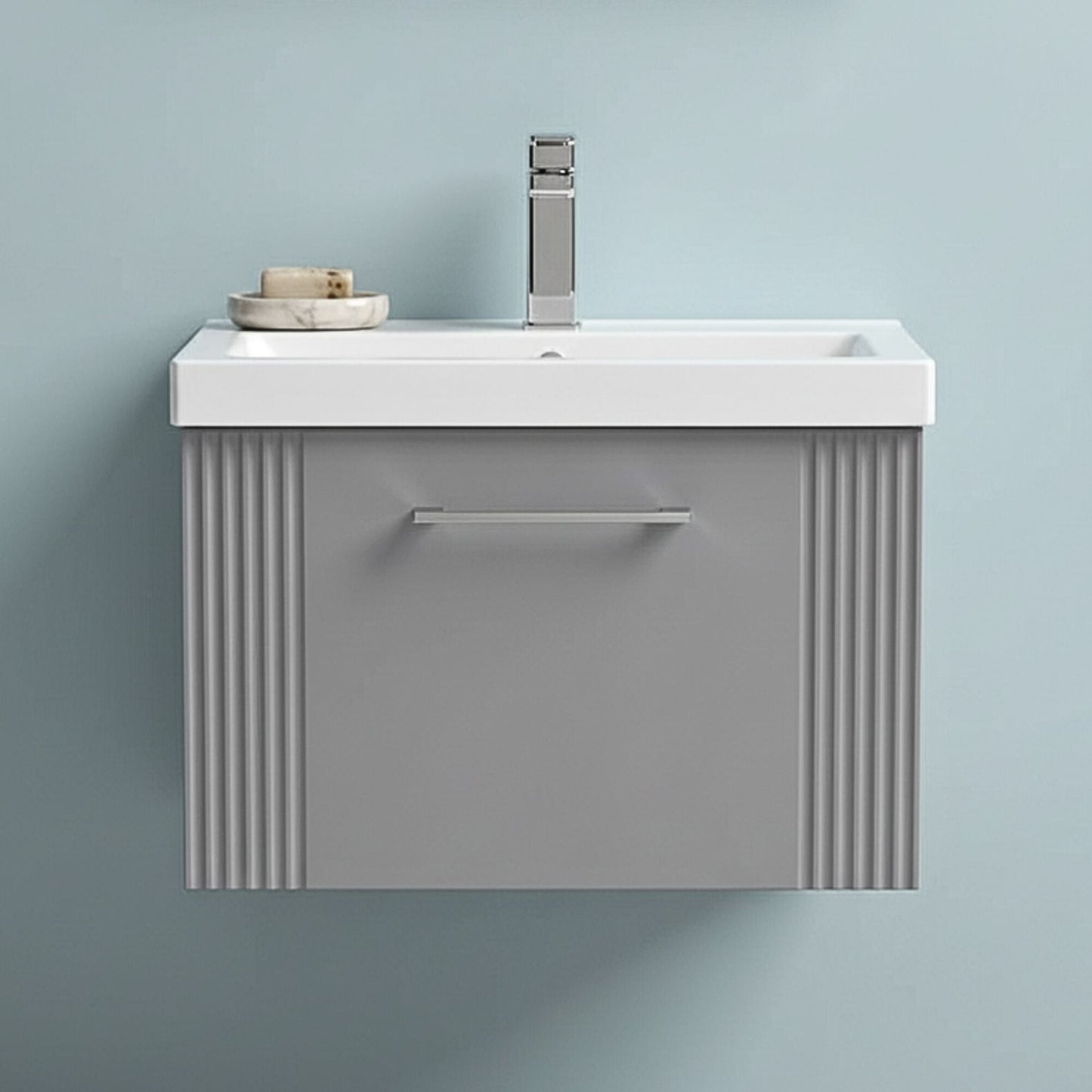 [BFPF294A] Belvide Partial Fluted 1 Drawer Wall Hung Vanity Unit with Mid-Edge 1 Tap Hole Ceramic Basin - Silo