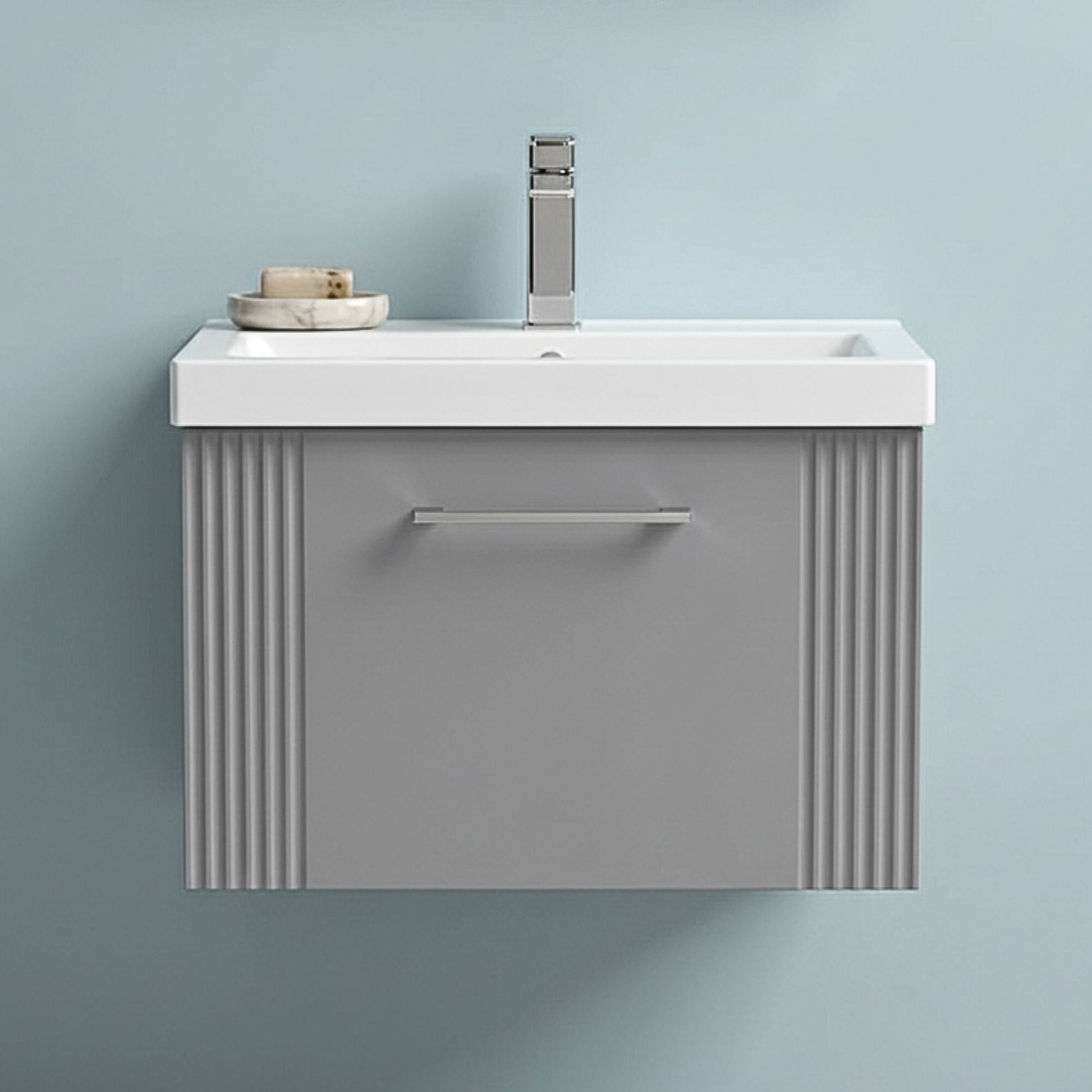 [BFPF294A] Belvide Partial Fluted 1 Drawer Wall Hung Vanity Unit with Mid-Edge 1 Tap Hole Ceramic Basin - Silo
