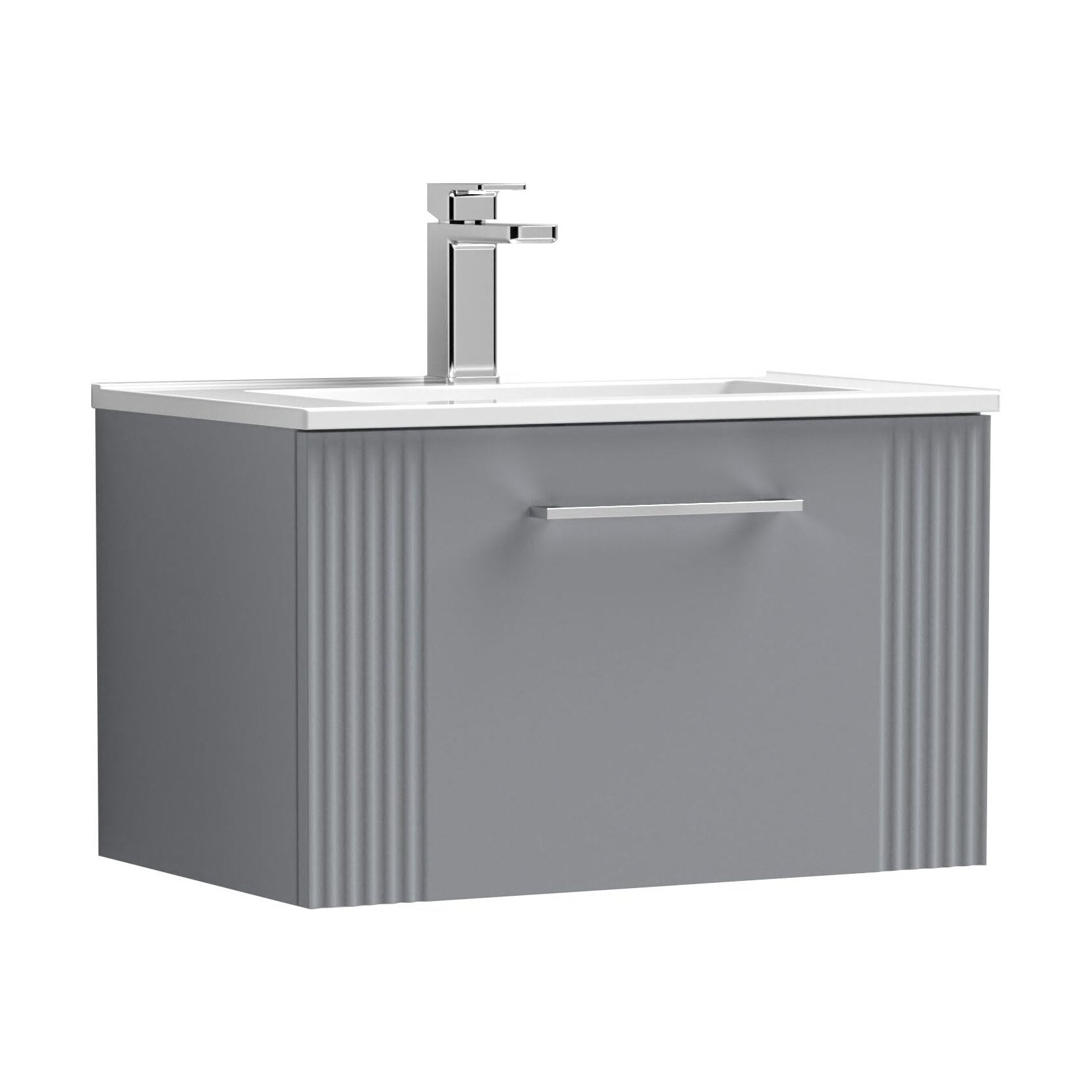 [BFPF294B] Partial Fluted 1 Drawer Wall Hung Vanity Unit with 1 Tap Hole Minimalist Basin - 600mm - Satin Grey - Cutout