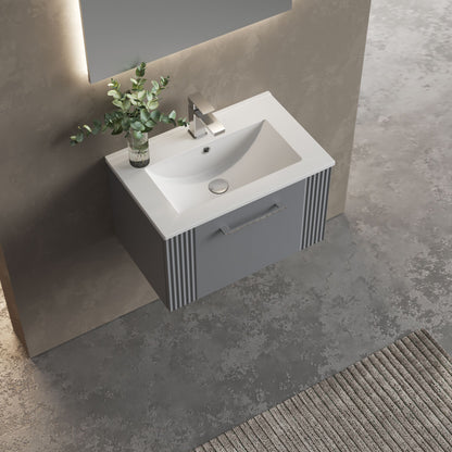 [BFPF294B] Partial Fluted 1 Drawer Wall Hung Vanity Unit with 1 Tap Hole Minimalist Basin - 600mm - Satin Grey - Lifestyle 2