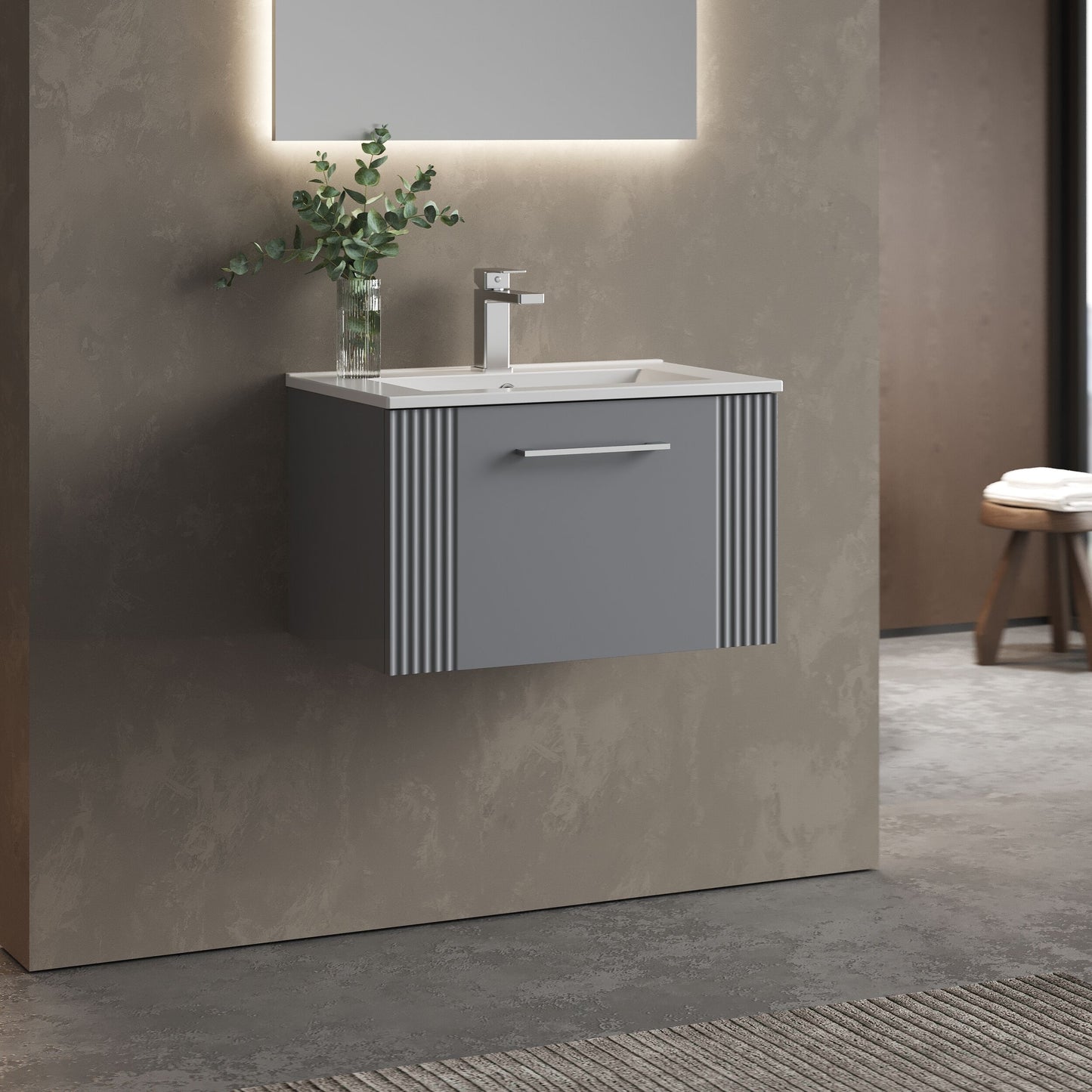 [BFPF294B] Partial Fluted 1 Drawer Wall Hung Vanity Unit with 1 Tap Hole Minimalist Basin - 600mm - Satin Grey - Lifestyle 3