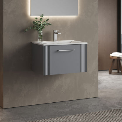 [BFPF294B] Partial Fluted 1 Drawer Wall Hung Vanity Unit with 1 Tap Hole Minimalist Basin - 600mm - Satin Grey - Lifestyle 3
