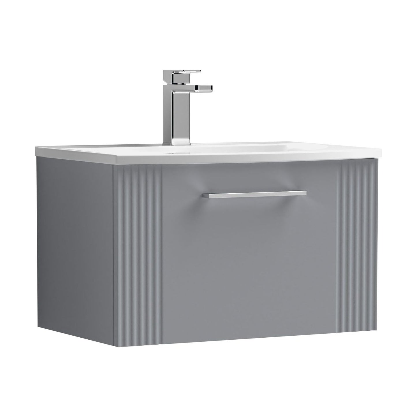 [BFPF294G] Partial Fluted 1 Drawer Wall Hung Vanity Unit with 1 Tap Hole Curved Basin- 600mm - Satin Grey - Cutout