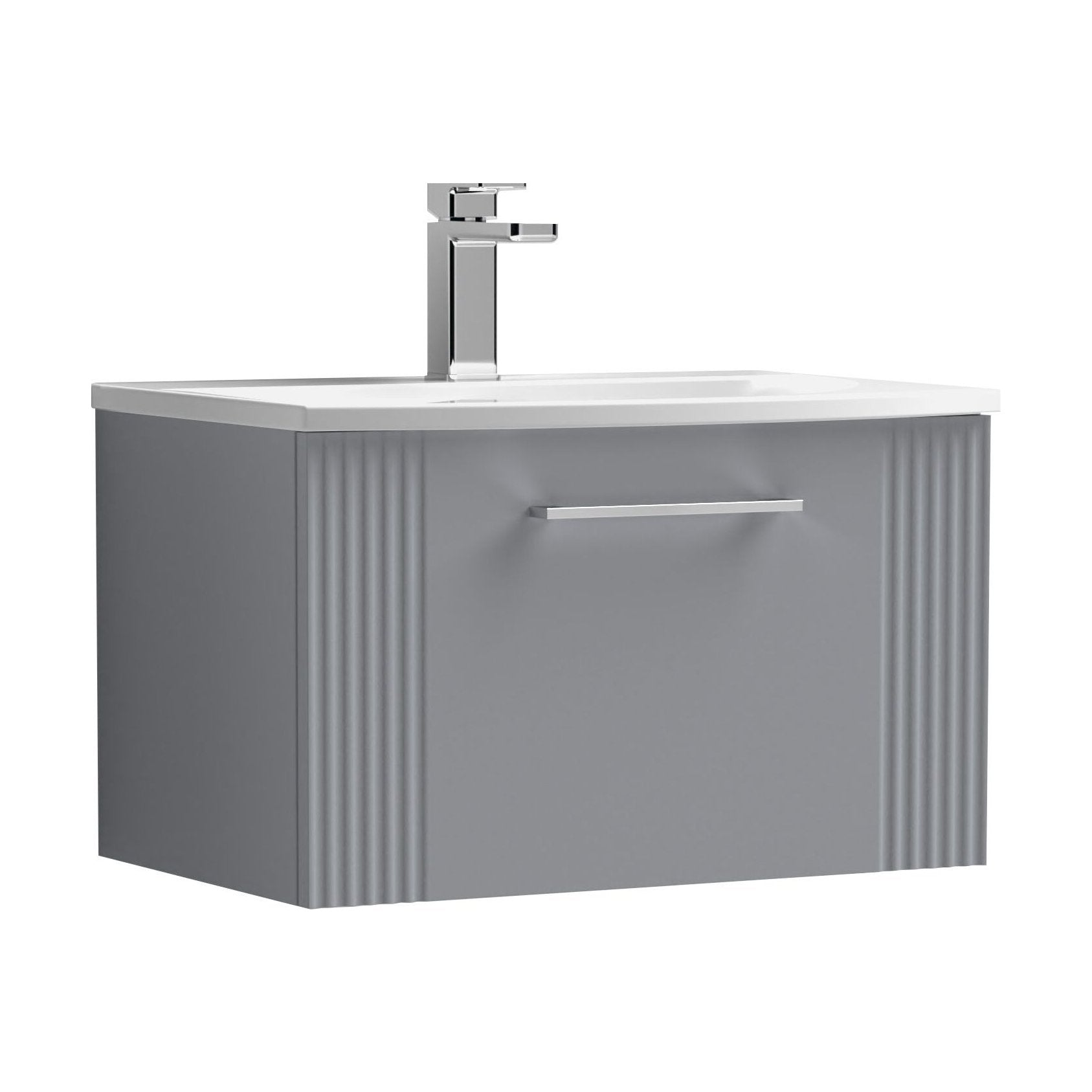 [BFPF294G] Partial Fluted 1 Drawer Wall Hung Vanity Unit with 1 Tap Hole Curved Basin- 600mm - Satin Grey - Cutout