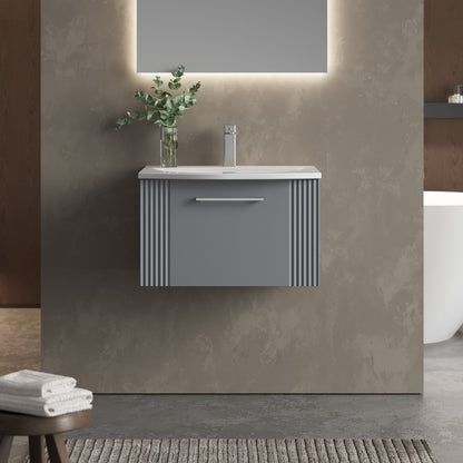 [BFPF294G] Partial Fluted 1 Drawer Wall Hung Vanity Unit with 1 Tap Hole Curved Basin- 600mm - Satin Grey - Lifestyle 1