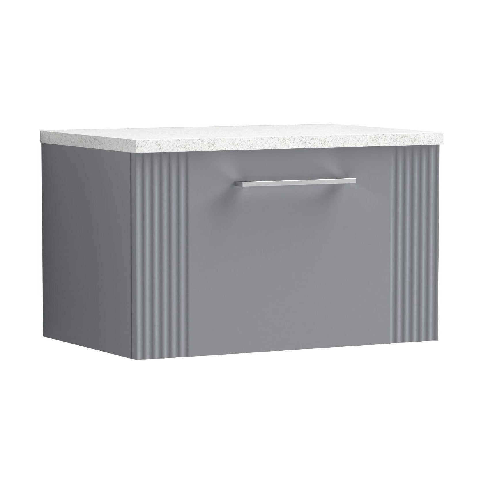 [BFPF294LSW] Partial Fluted 1 Drawer Wall Hung Vanity Unit with Sparkling White Laminate Worktop - 600mm - Satin Grey - Cutout