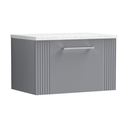 [BFPF294LSW] Partial Fluted 1 Drawer Wall Hung Vanity Unit with Sparkling White Laminate Worktop - 600mm - Satin Grey - Cutout