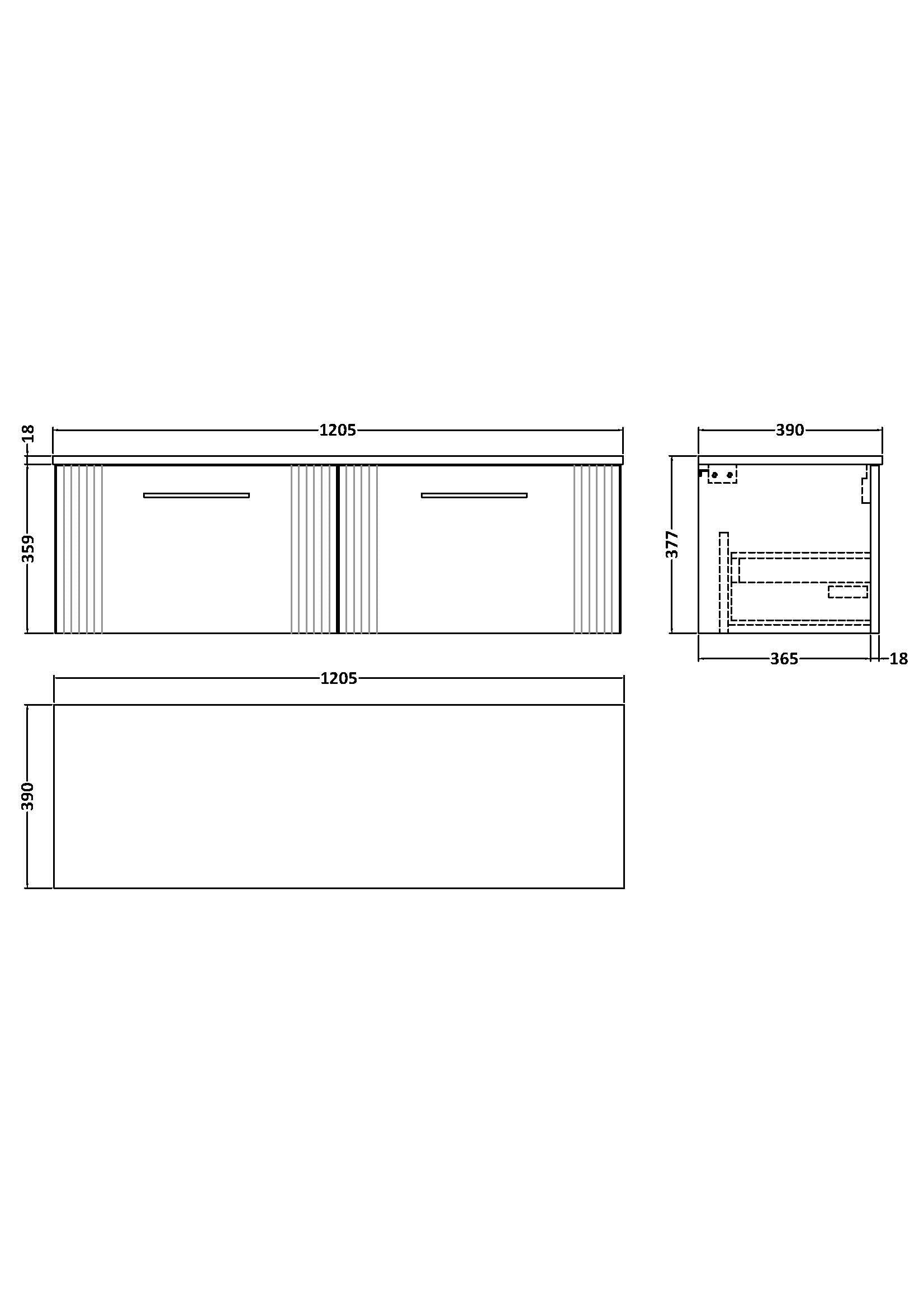 [BFPF294W2] Belvide Retro Partial Fluted 1 Drawer Wall Hung Vanity Unit with Colour Coordinating Worktop, Choice of Colour - Line Drawing