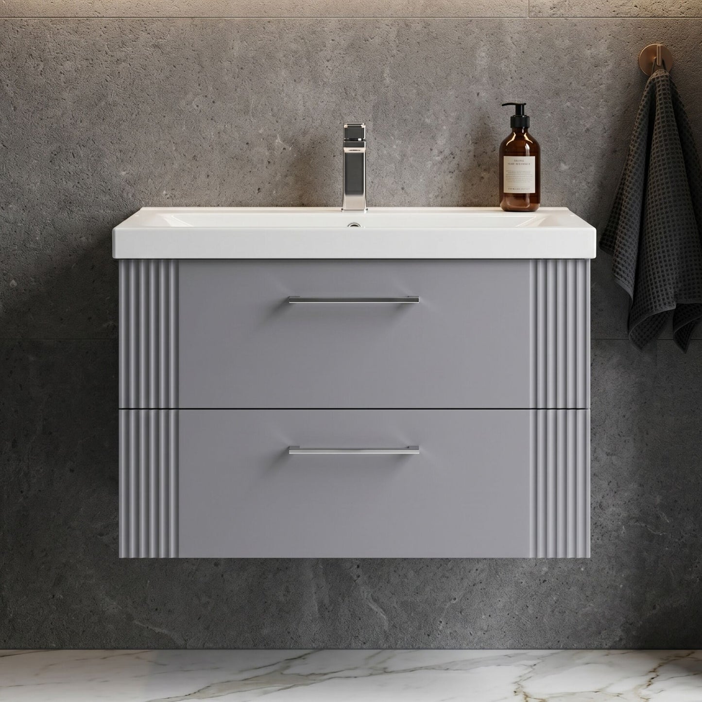 [BFPF295A] Belvide Partial Fluted 2 Drawer Wall Hung Vanity Unit with Mid-Edge 1 Tap Hole Ceramic Basin - Silo