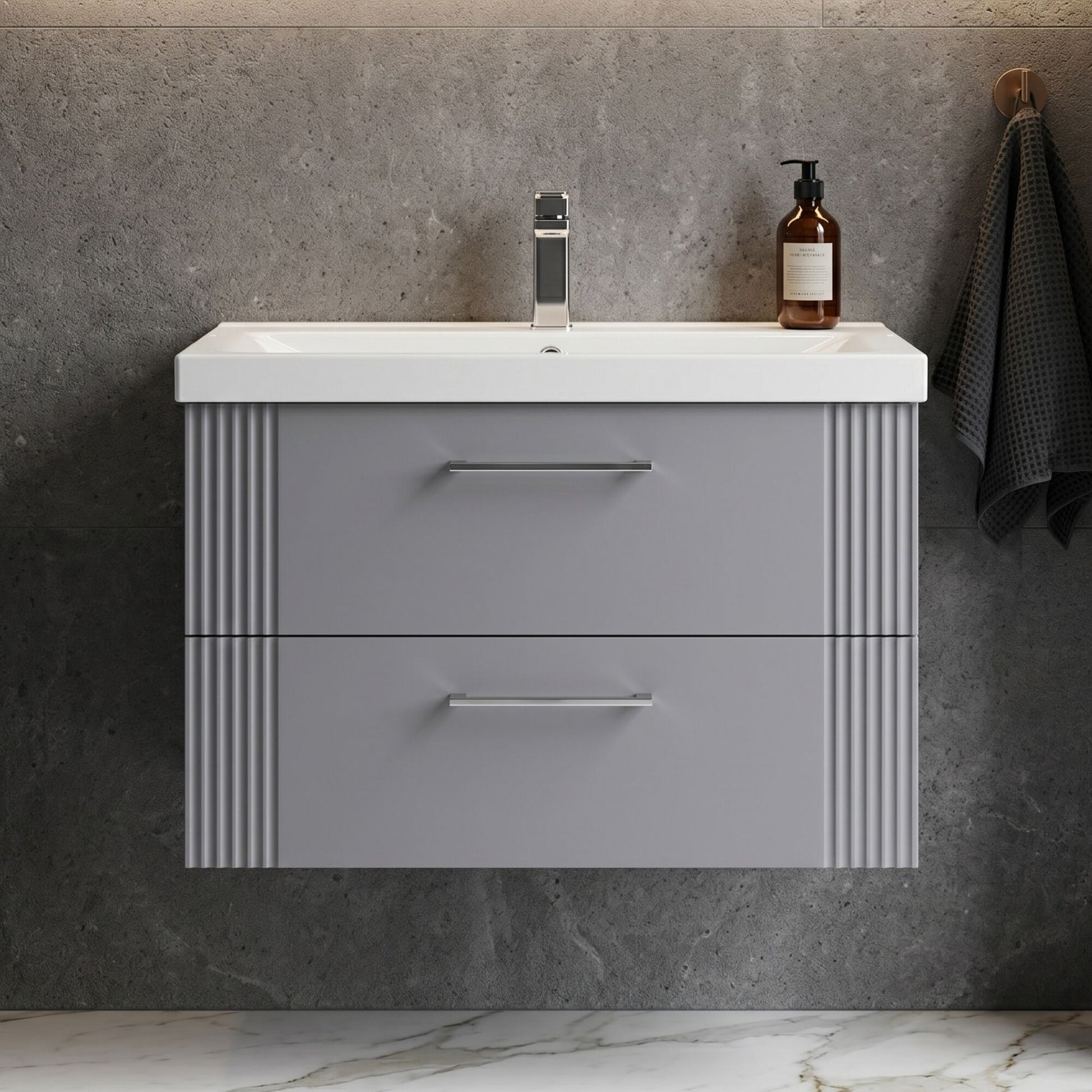 [BFPF295A] Belvide Partial Fluted 2 Drawer Wall Hung Vanity Unit with Mid-Edge 1 Tap Hole Ceramic Basin - Silo