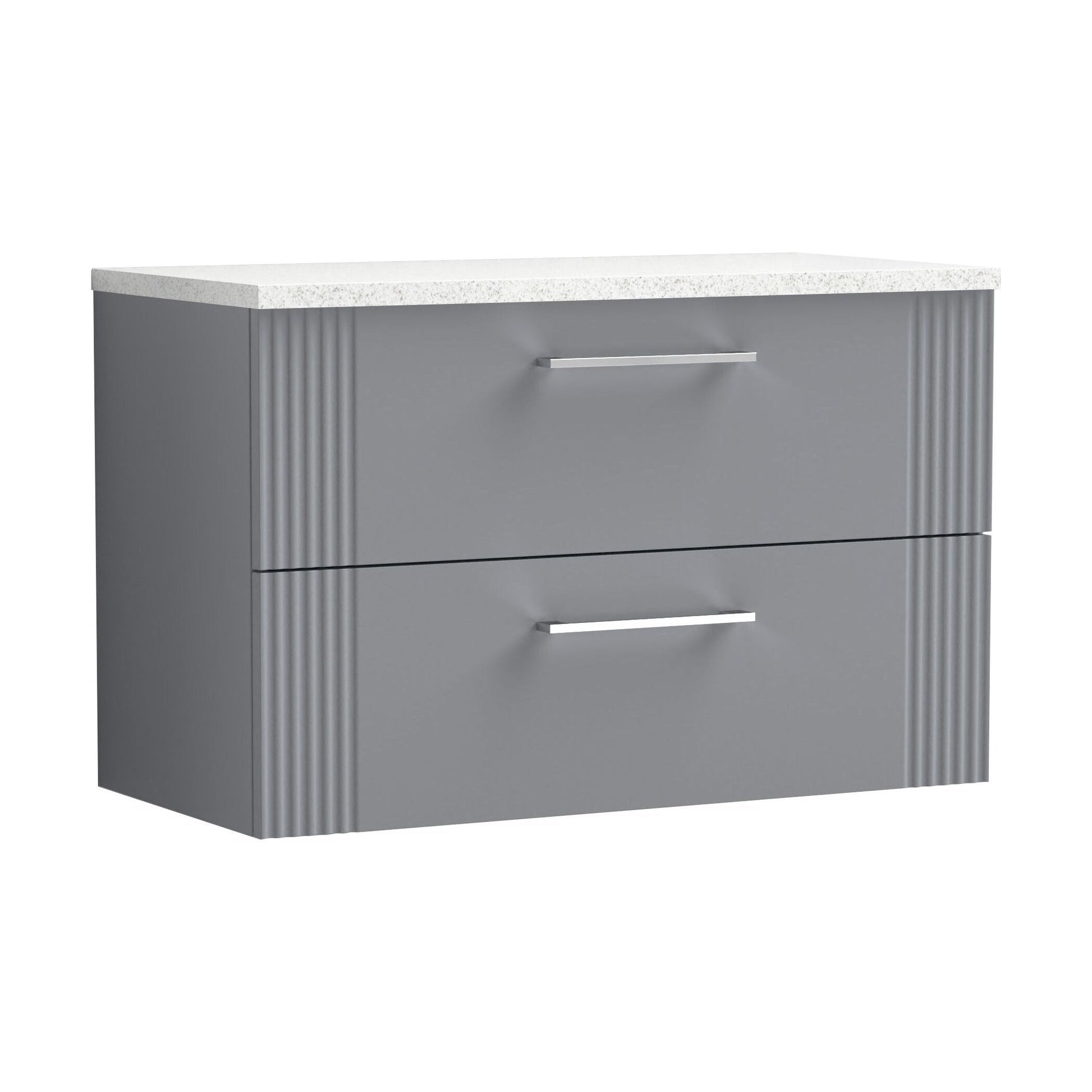 [BFPF295LSW] Partial Fluted 2 Drawer Wall Hung Vanity Unit with Sparkling White Laminate Worktop - 800mm - Satin Grey - Cutout