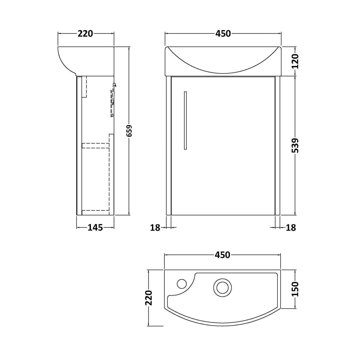 [BFPF2961R] Winshill Contemporary 1 Door Right-Hand Wall Hung Cloakroom Vanity Unit with Basin, Dark Blue, 440mm - Technical Drawing