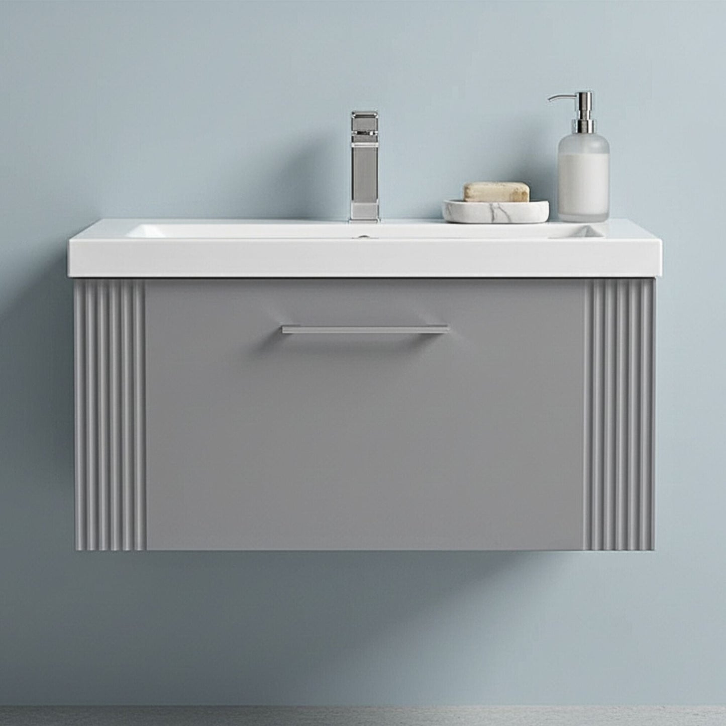 [BFPF296A] Belvide Partial Fluted 1 Drawer Wall Hung Vanity Unit with Mid-Edge 1 Tap Hole Ceramic Basin - Silo