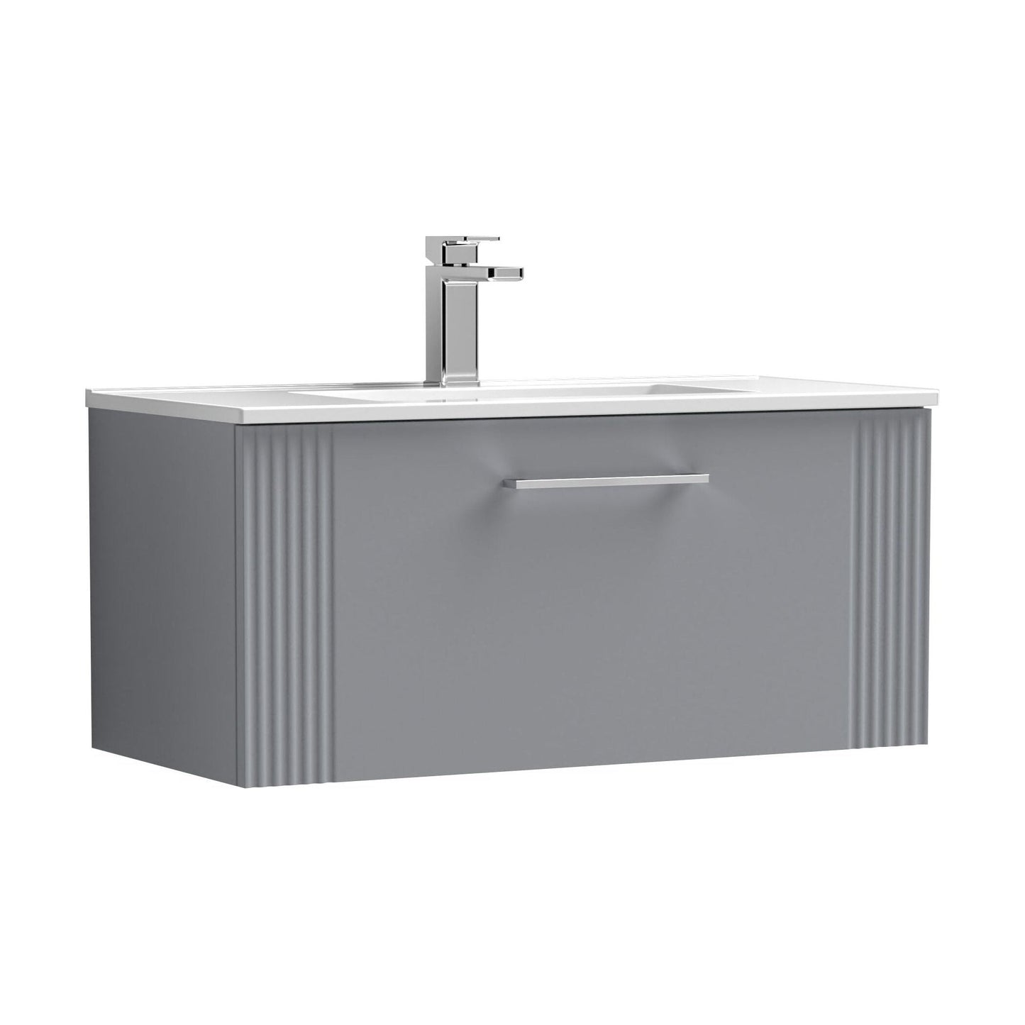 [BFPF296B] Partial Fluted 1 Drawer Wall Hung Vanity Unit with 1 Tap Hole Minimalist Basin - 800mm - Satin Grey - Cutout