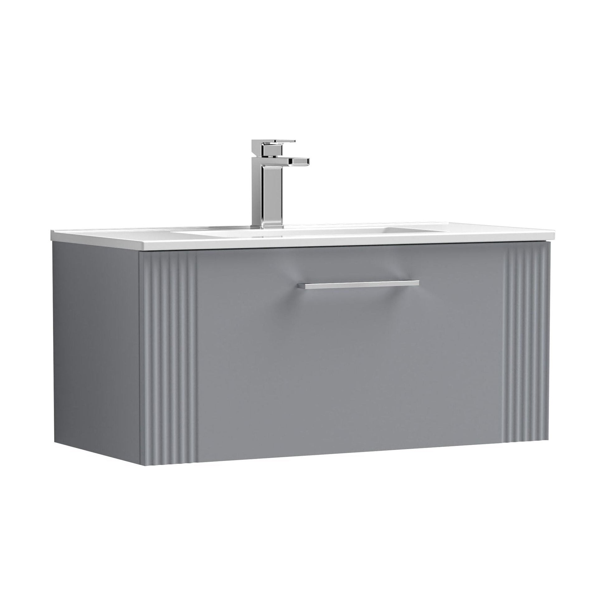[BFPF296B] Partial Fluted 1 Drawer Wall Hung Vanity Unit with 1 Tap Hole Minimalist Basin - 800mm - Satin Grey - Cutout