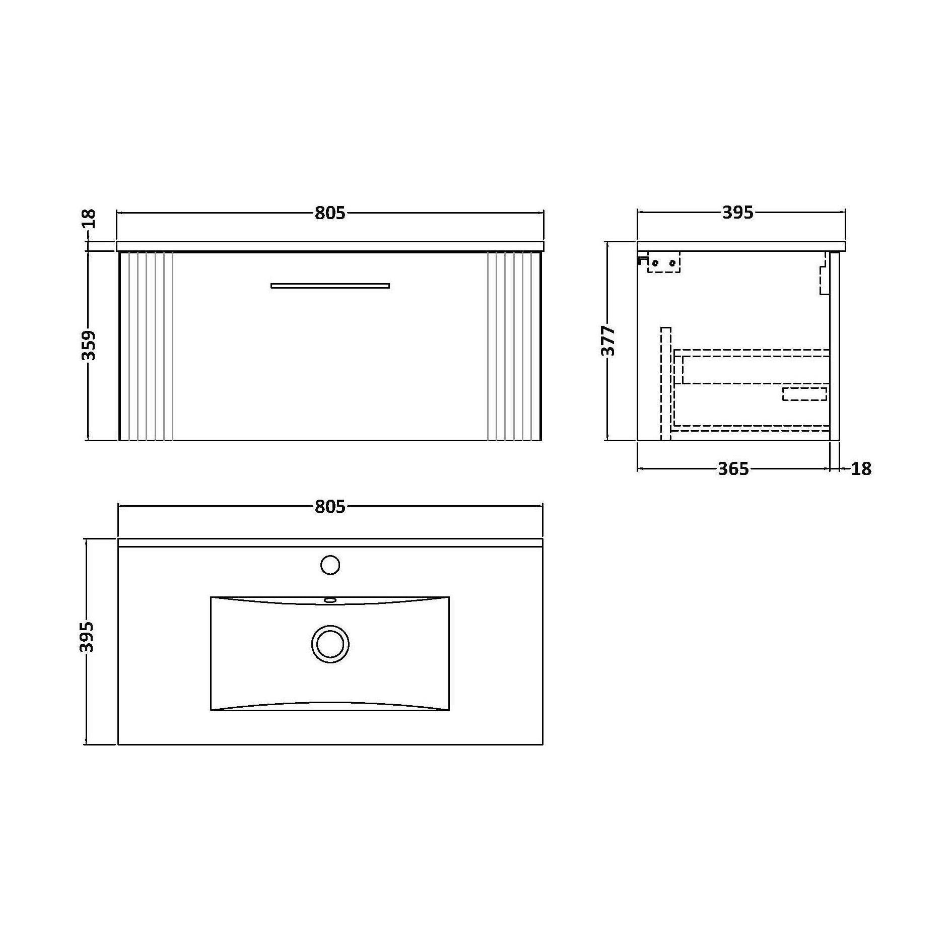 [BFPF296B] Partial Fluted 1 Drawer Wall Hung Vanity Unit with 1 Tap Hole Minimalist Basin - 800mm - Satin Grey - Technical Drawing