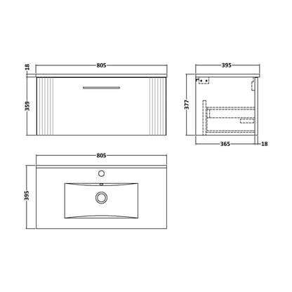 [BFPF296B] Partial Fluted 1 Drawer Wall Hung Vanity Unit with 1 Tap Hole Minimalist Basin - 800mm - Satin Grey - Technical Drawing