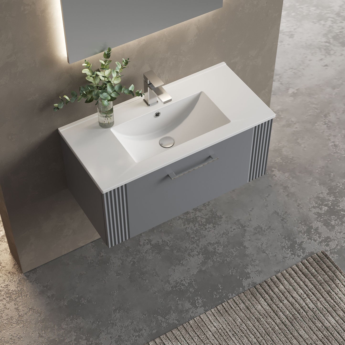 [BFPF296B] Partial Fluted 1 Drawer Wall Hung Vanity Unit with 1 Tap Hole Minimalist Basin - 800mm - Satin Grey - Lifestyle 2