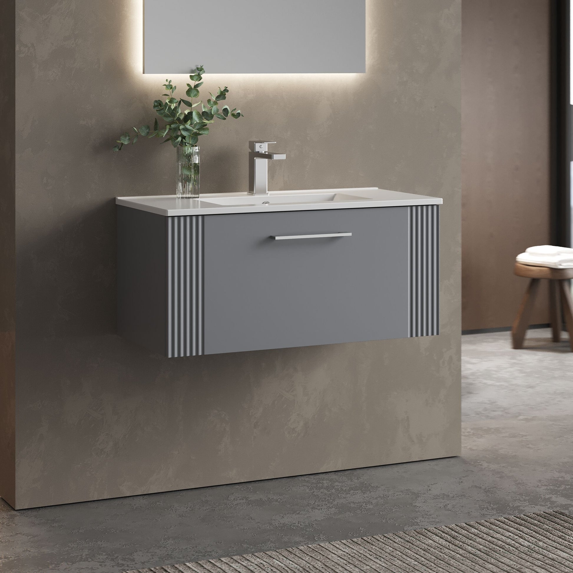 [BFPF296B] Partial Fluted 1 Drawer Wall Hung Vanity Unit with 1 Tap Hole Minimalist Basin - 800mm - Satin Grey - Lifestyle 3