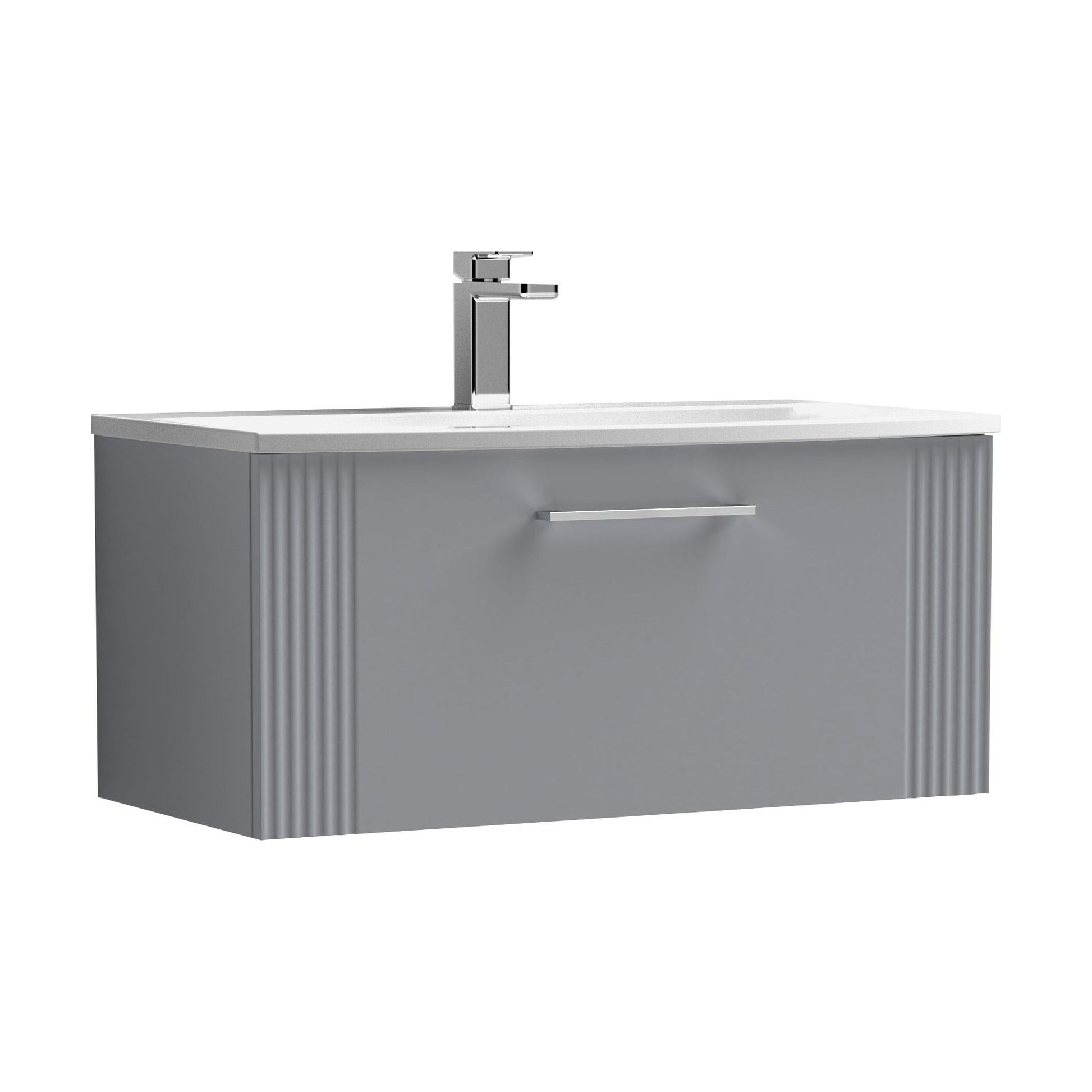 [BFPF296G] Partial Fluted 1 Drawer Wall Hung Vanity Unit with 1 Tap Hole Curved Basin- 800mm - Satin Grey - Cutout