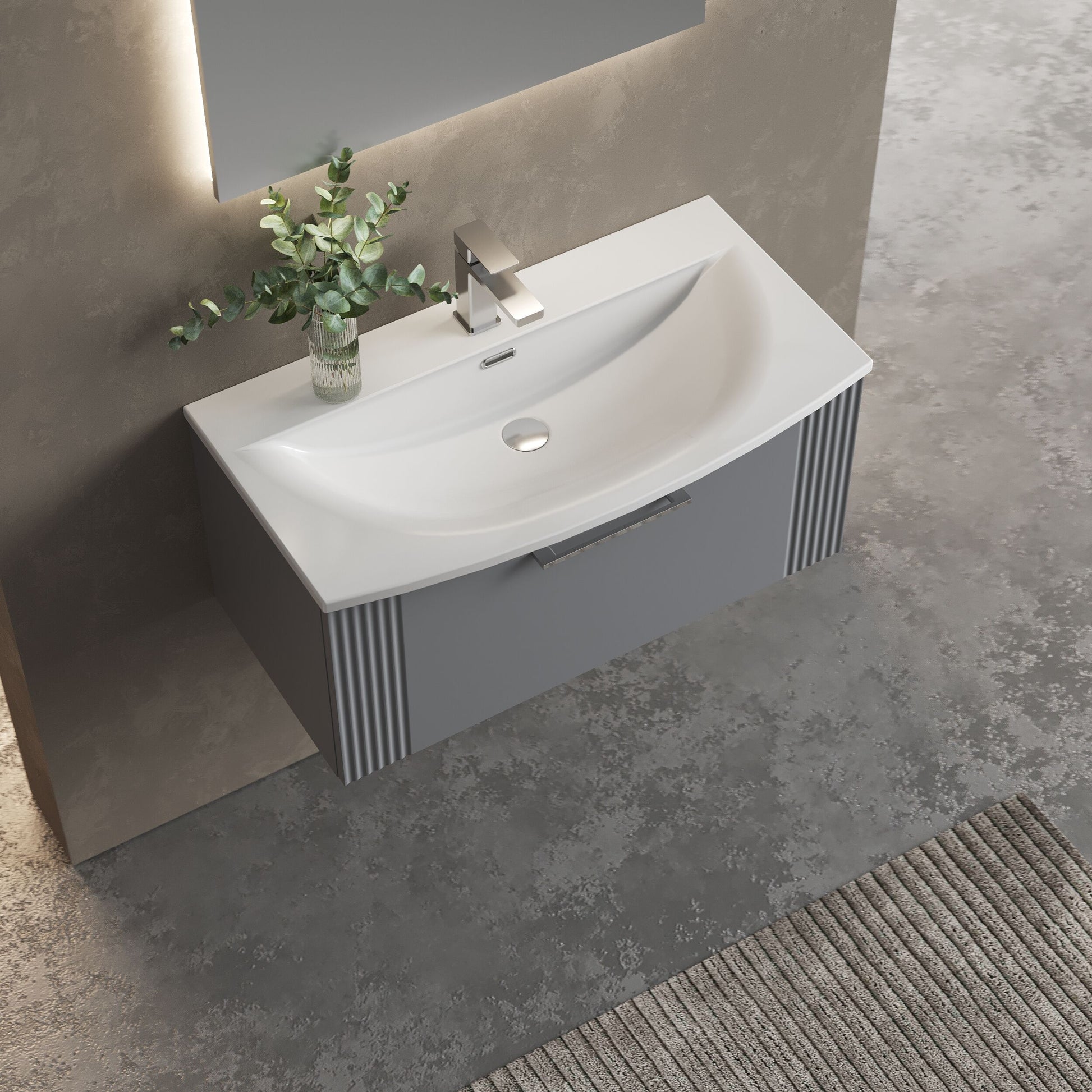 [BFPF296G] Partial Fluted 1 Drawer Wall Hung Vanity Unit with 1 Tap Hole Curved Basin- 800mm - Satin Grey - Lifestyle 2