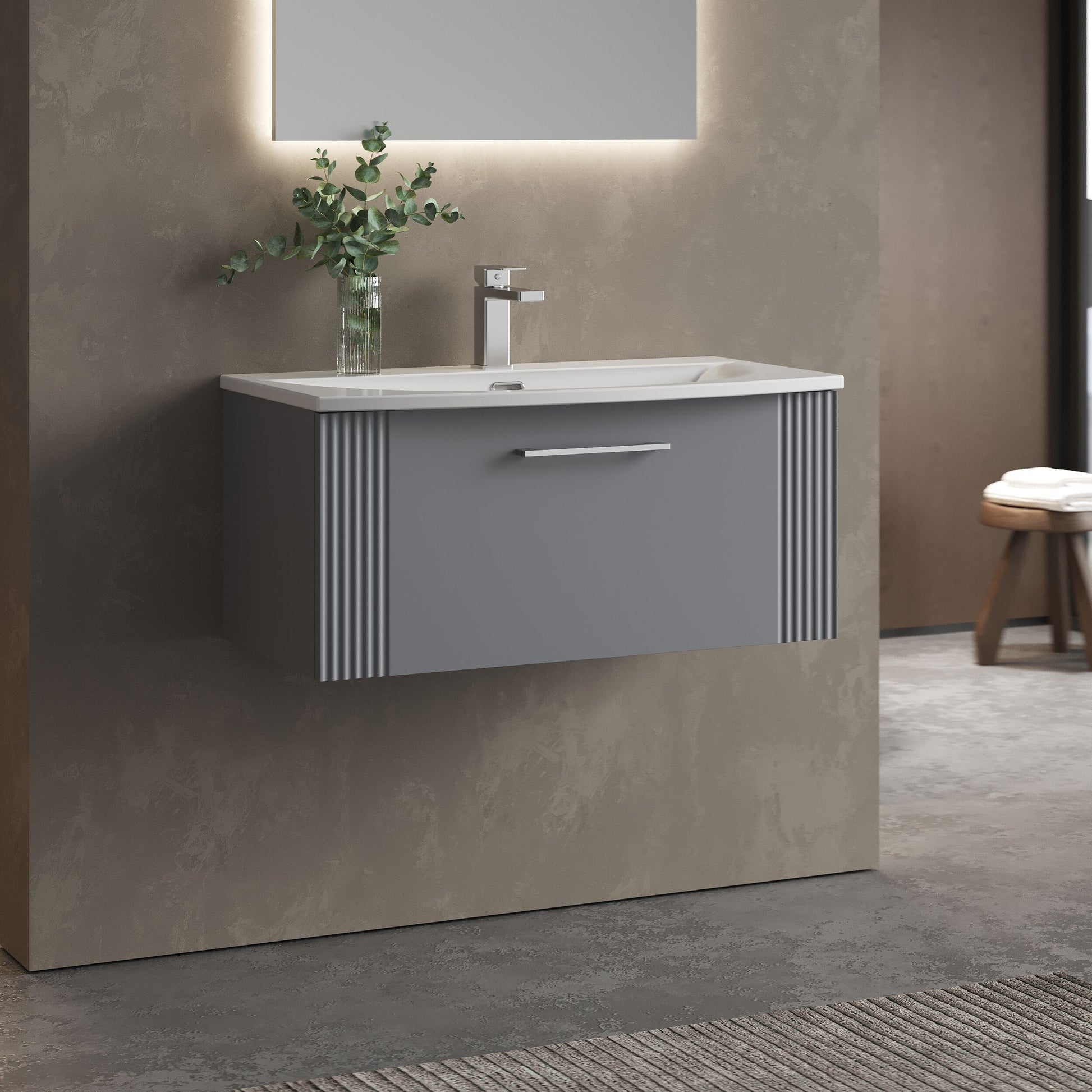 [BFPF296G] Partial Fluted 1 Drawer Wall Hung Vanity Unit with 1 Tap Hole Curved Basin- 800mm - Satin Grey - Lifestyle 3