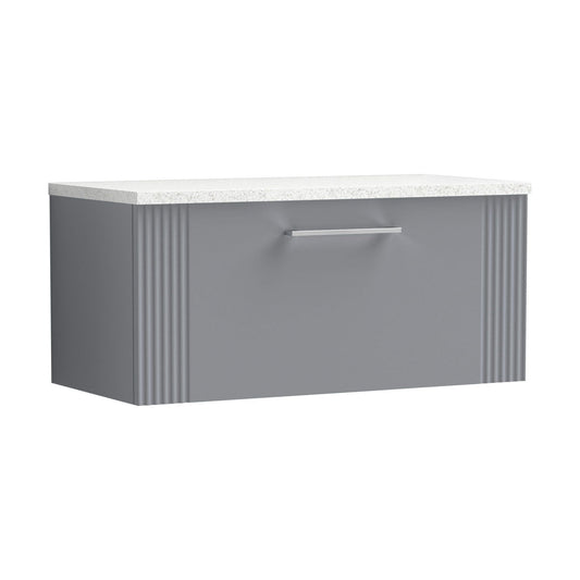 [BFPF296LSW] Partial Fluted 1 Drawer Wall Hung Vanity Unit with Sparkling White Laminate Worktop - 800mm - Satin Grey - Cutout