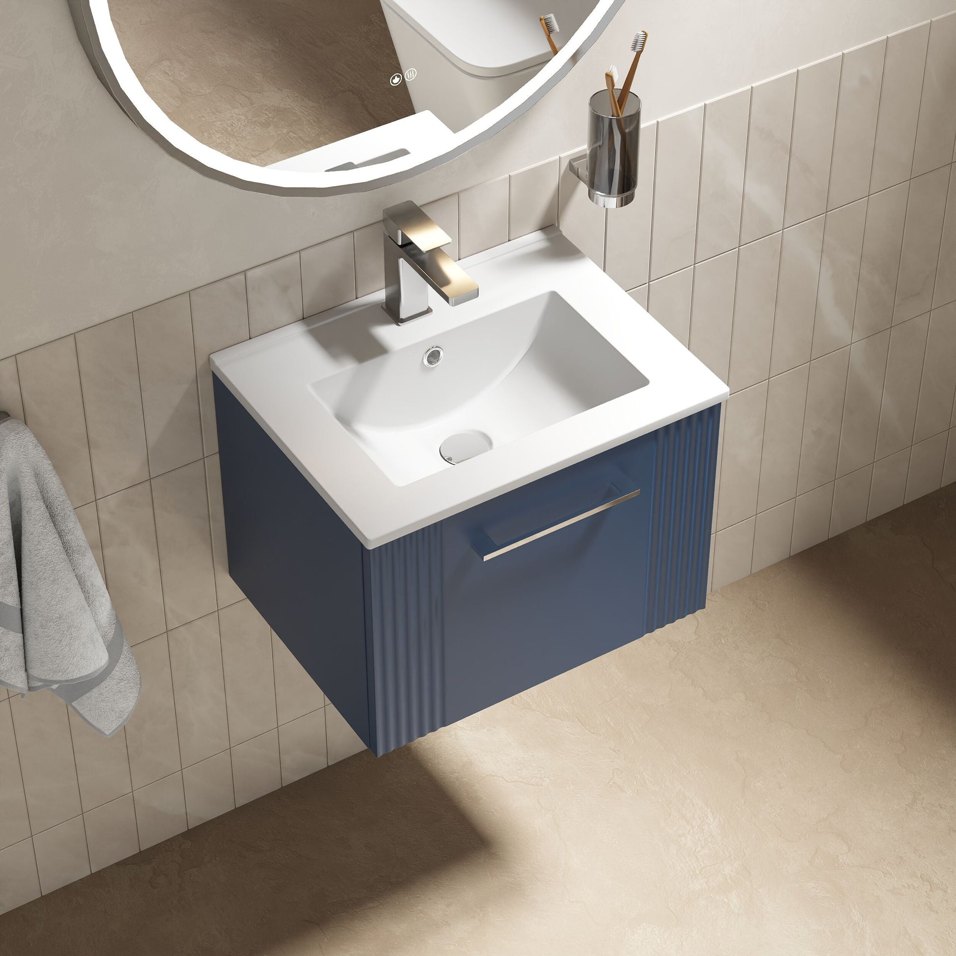 [BFPF391B] Partial Fluted 1 Drawer Wall Hung Vanity Unit with 1 Tap Hole Minimalist Basin - 500mm - Satin Blue - Lifestyle 2
