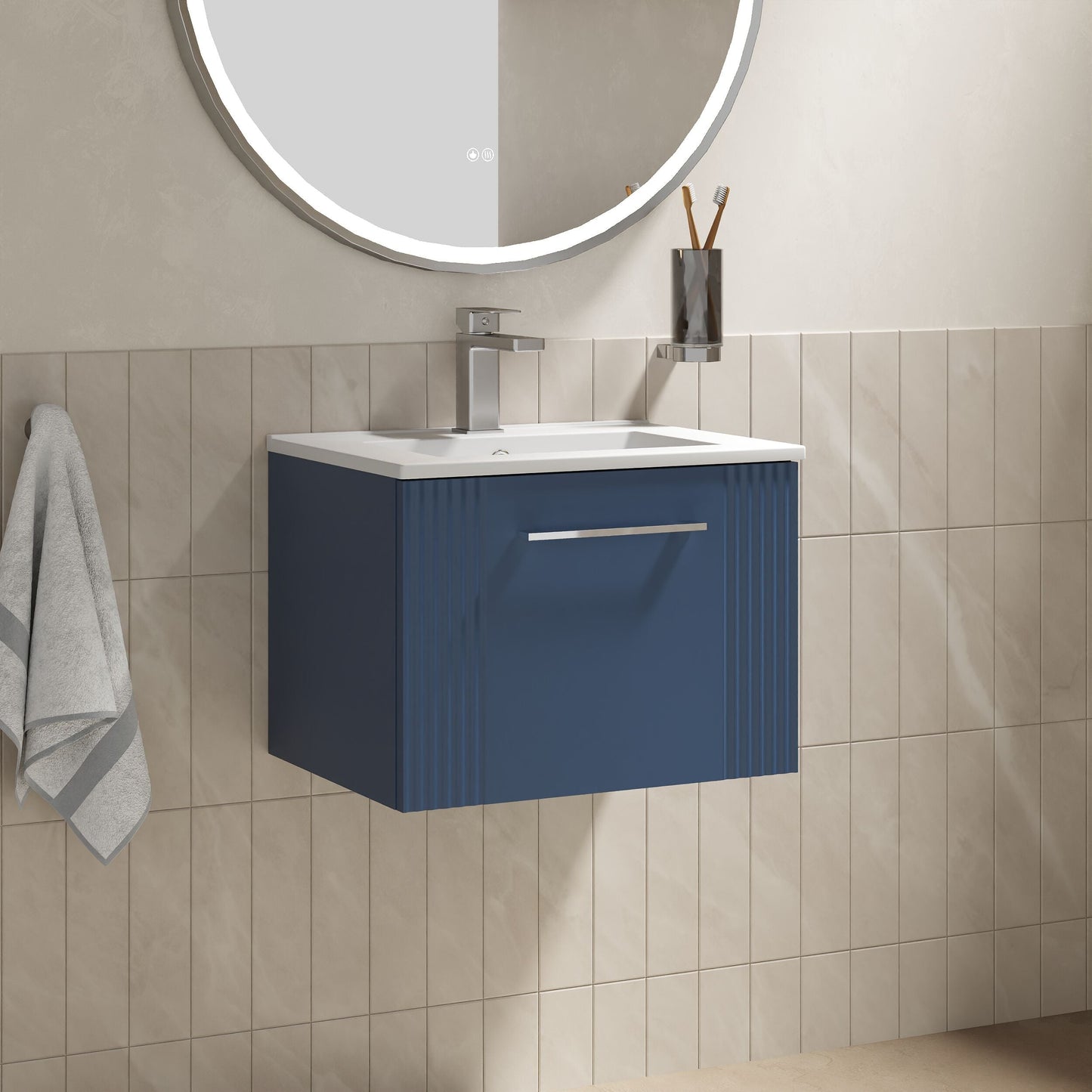 [BFPF391B] Partial Fluted 1 Drawer Wall Hung Vanity Unit with 1 Tap Hole Minimalist Basin - 500mm - Satin Blue - Lifestyle 3