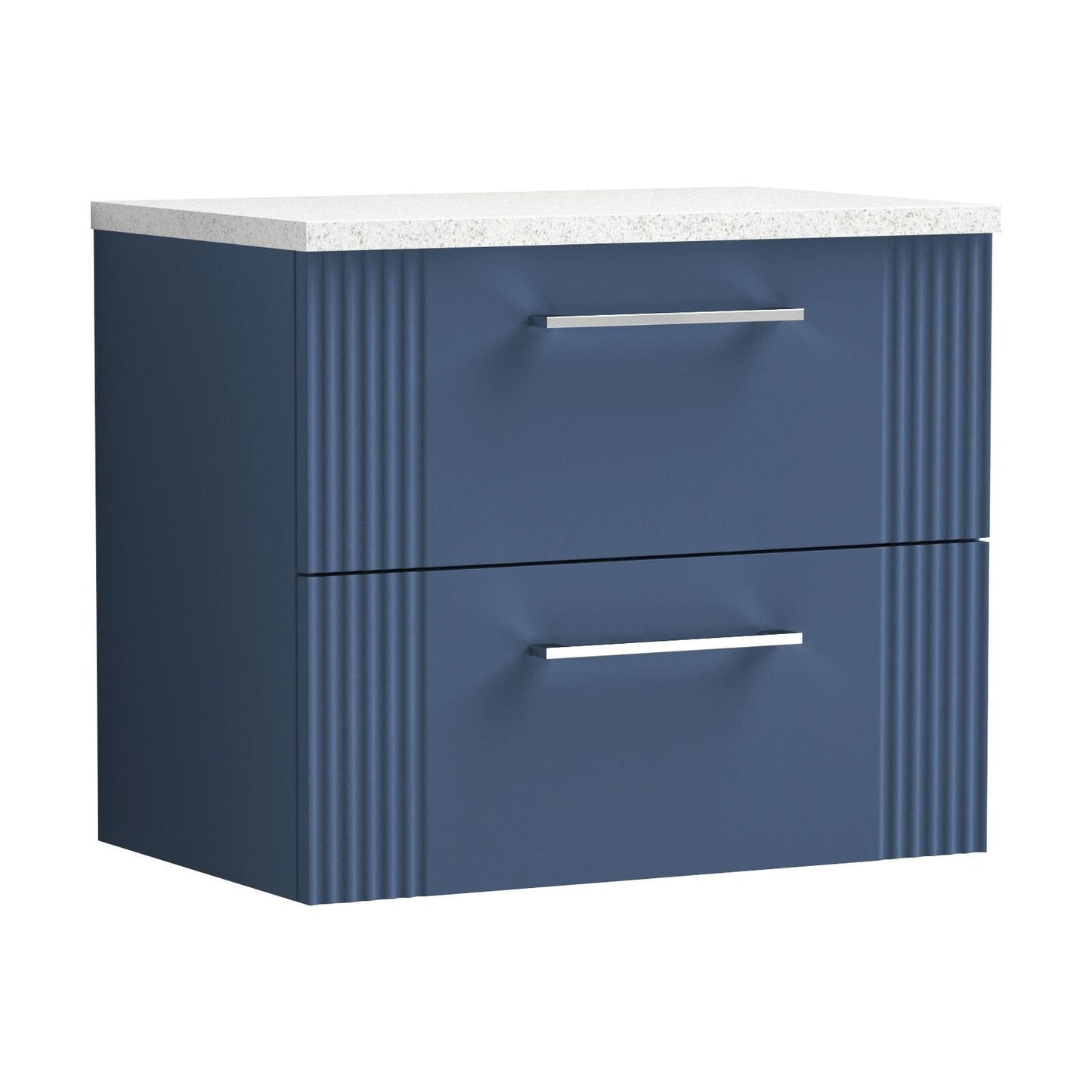 [BFPF393LSW] Partial Fluted 2 Drawer Wall Hung Vanity Unit with Sparkling White Laminate Worktop - 600mm - Satin Blue - Cutout