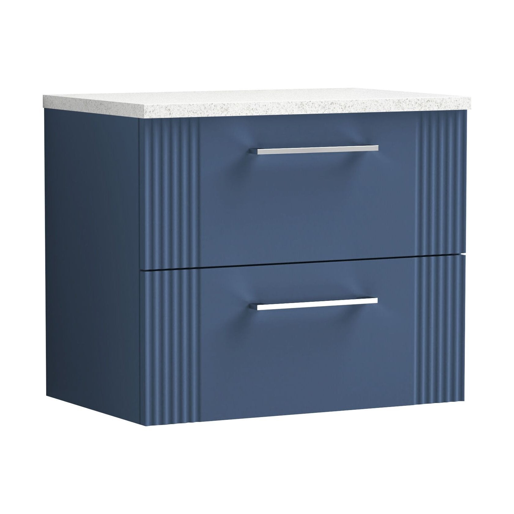 [BFPF393LSW] Partial Fluted 2 Drawer Wall Hung Vanity Unit with Sparkling White Laminate Worktop - 600mm - Satin Blue - Cutout