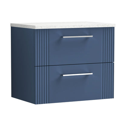 [BFPF393LSW] Partial Fluted 2 Drawer Wall Hung Vanity Unit with Sparkling White Laminate Worktop - 600mm - Satin Blue - Cutout