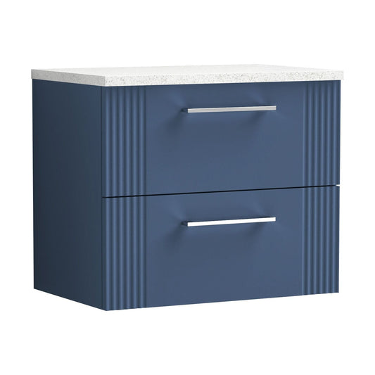 [BFPF393LSW] Partial Fluted 2 Drawer Wall Hung Vanity Unit with Sparkling White Laminate Worktop - 600mm - Satin Blue - Cutout