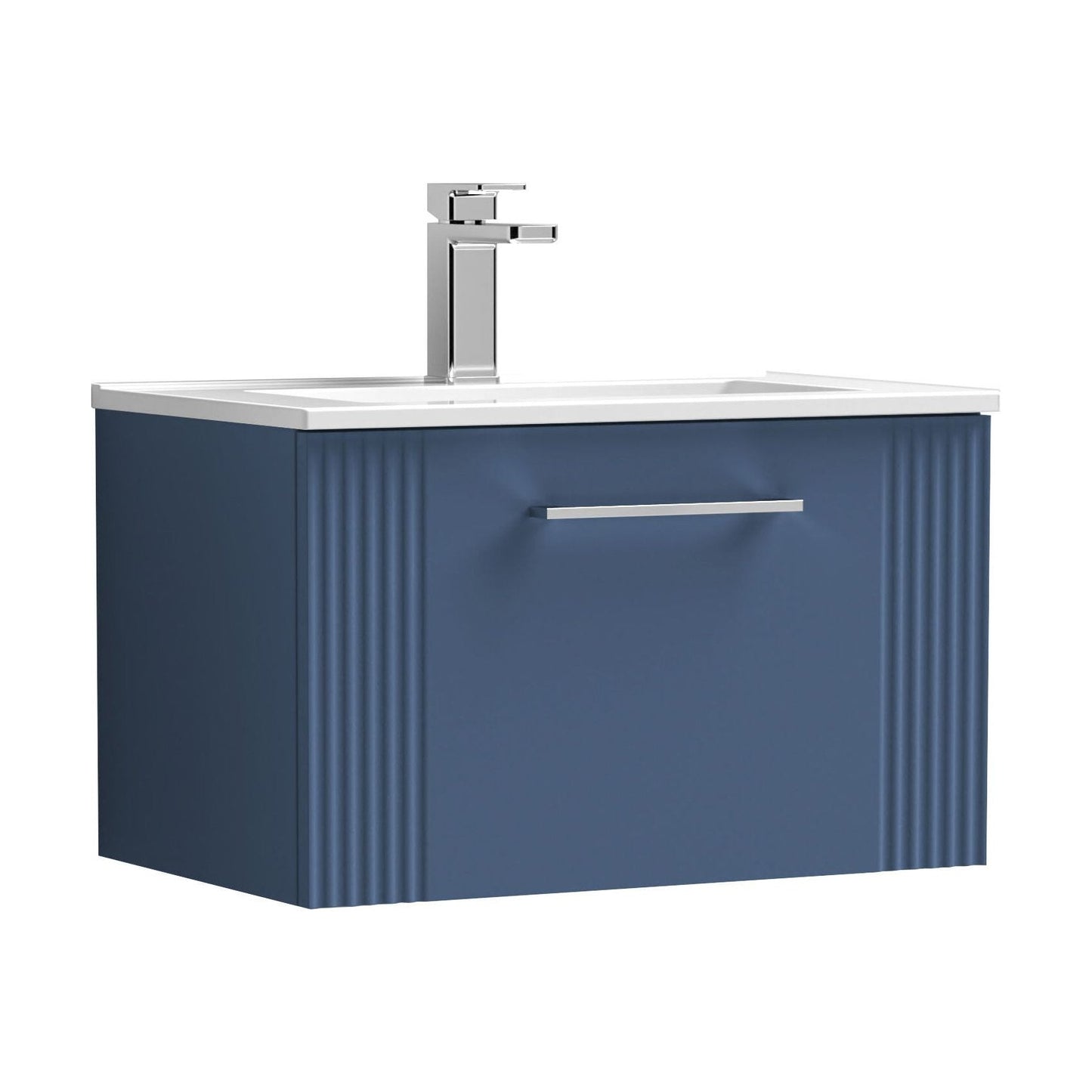 [BFPF394B] Partial Fluted 1 Drawer Wall Hung Vanity Unit with 1 Tap Hole Minimalist Basin - 600mm - Satin Blue - Cutout