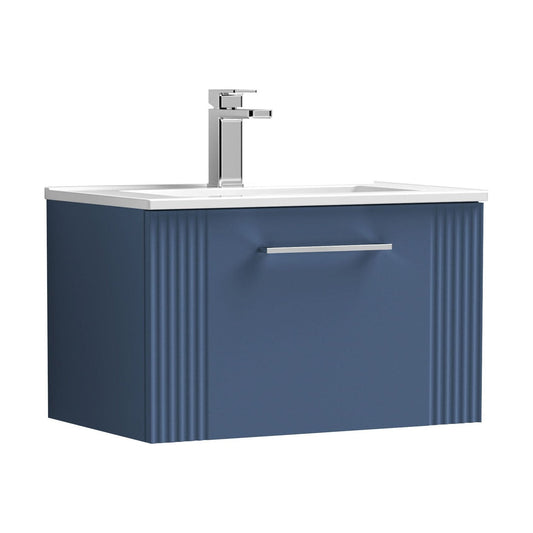 [BFPF394B] Partial Fluted 1 Drawer Wall Hung Vanity Unit with 1 Tap Hole Minimalist Basin - 600mm - Satin Blue - Cutout