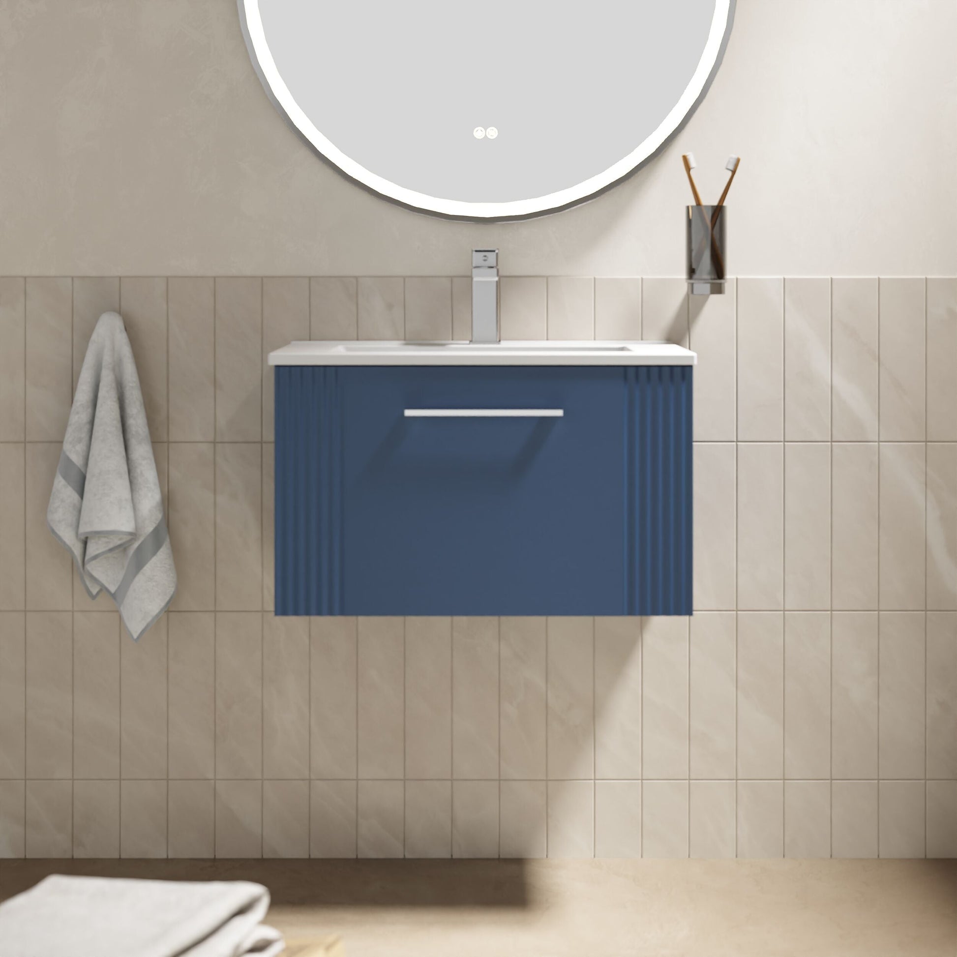 [BFPF394B] Partial Fluted 1 Drawer Wall Hung Vanity Unit with 1 Tap Hole Minimalist Basin - 600mm - Satin Blue - Lifestyle 1