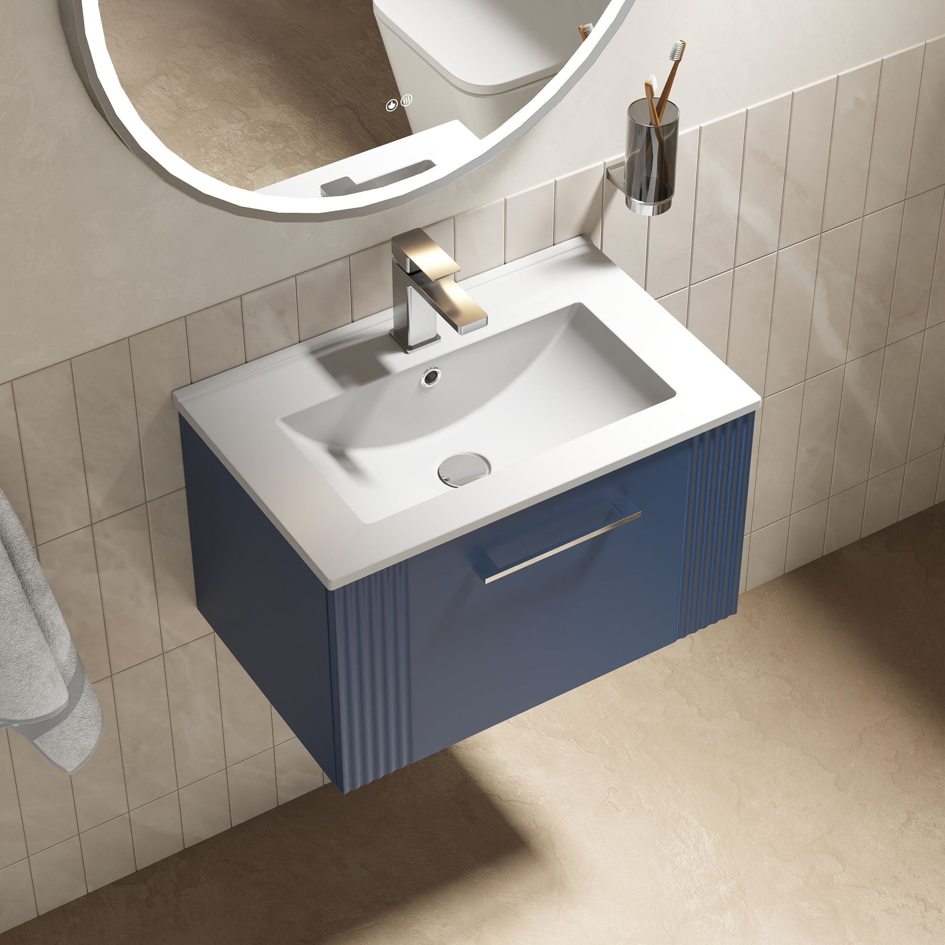 [BFPF394B] Partial Fluted 1 Drawer Wall Hung Vanity Unit with 1 Tap Hole Minimalist Basin - 600mm - Satin Blue - Lifestyle 2