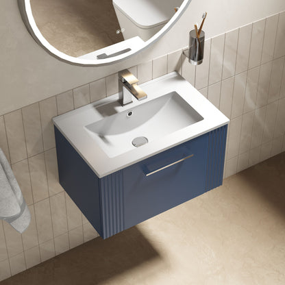 [BFPF394B] Partial Fluted 1 Drawer Wall Hung Vanity Unit with 1 Tap Hole Minimalist Basin - 600mm - Satin Blue - Lifestyle 2
