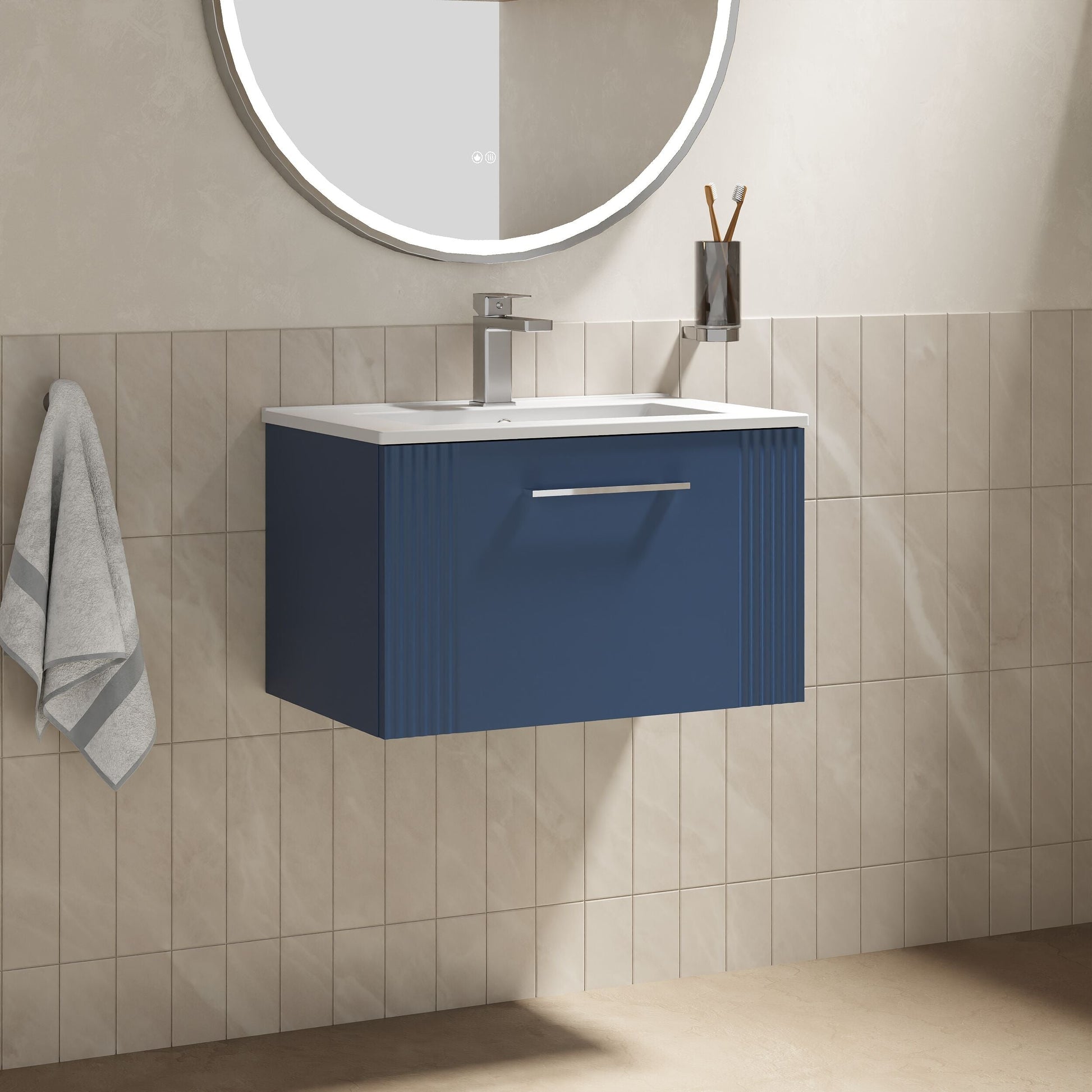 [BFPF394B] Partial Fluted 1 Drawer Wall Hung Vanity Unit with 1 Tap Hole Minimalist Basin - 600mm - Satin Blue - Lifestyle 3