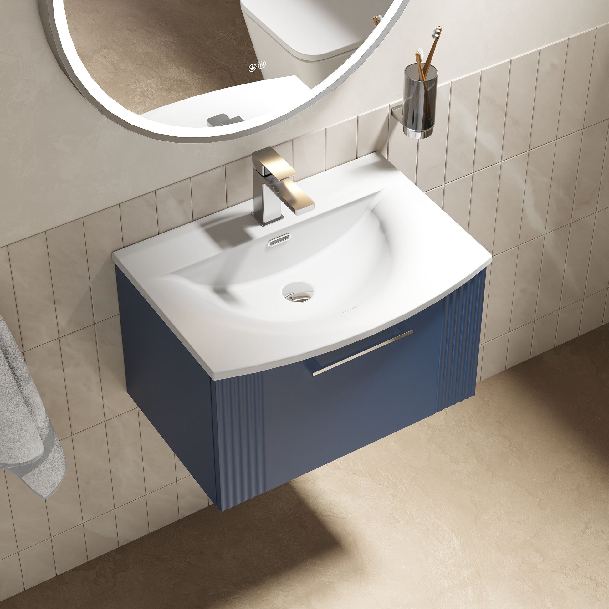 [BFPF394G] Belvide Retro Partial Fluted 1 Drawer Wall Hung Vanity Unit with Colour Coordinating Worktop, Choice of Size and Colour - Lifestyle 2