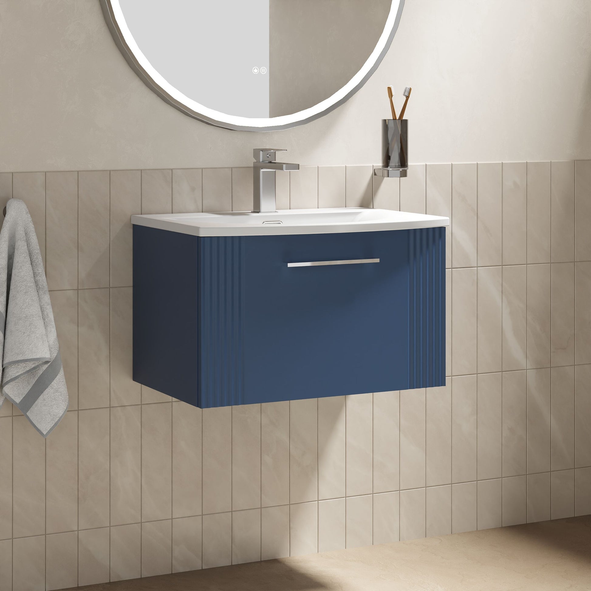 [BFPF394G] Belvide Retro Partial Fluted 1 Drawer Wall Hung Vanity Unit with Colour Coordinating Worktop, Choice of Size and Colour - Lifestyle 3