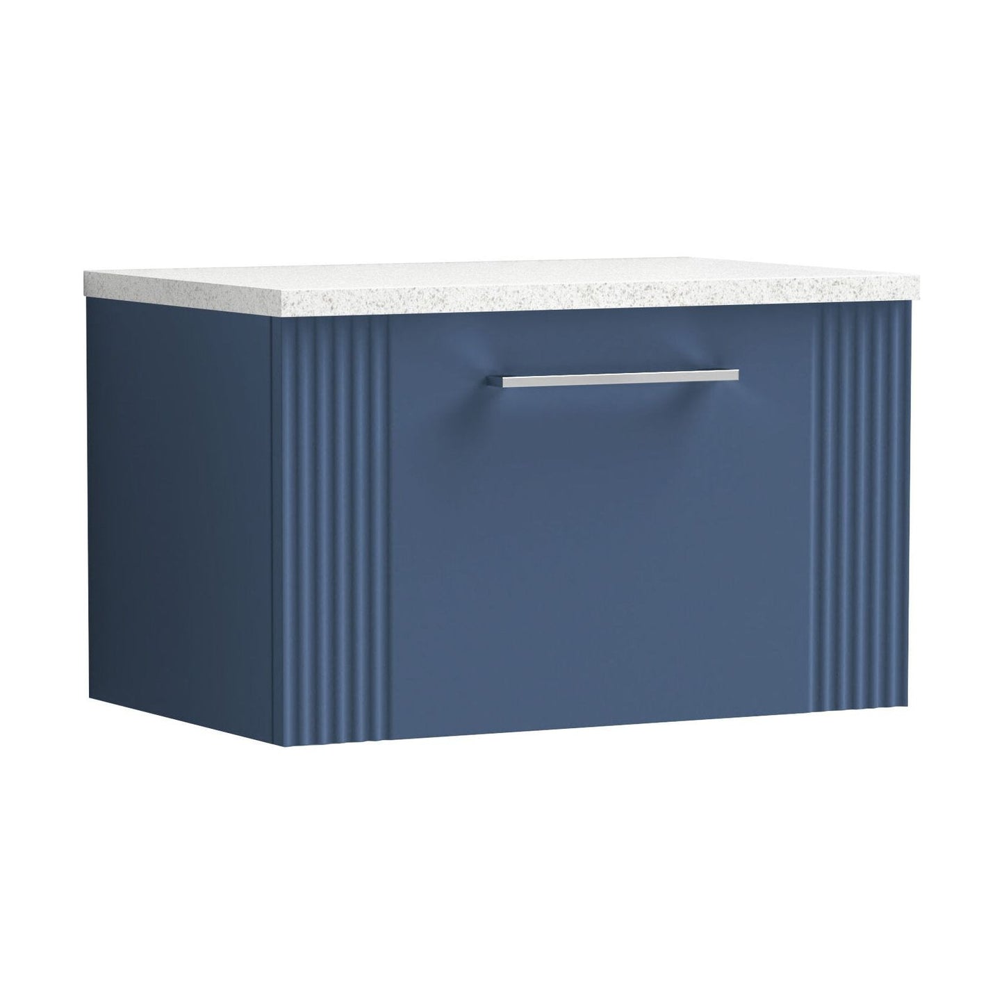 [BFPF394LSW] Partial Fluted 1 Drawer Wall Hung Vanity Unit with Sparkling White Laminate Worktop - 600mm - Satin Blue - Cutout