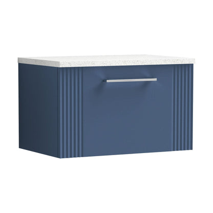 [BFPF394LSW] Partial Fluted 1 Drawer Wall Hung Vanity Unit with Sparkling White Laminate Worktop - 600mm - Satin Blue - Cutout