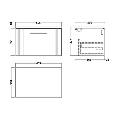 [BFPF394W] Partial Fluted 1 Drawer Wall Hung Vanity Unit with Colour Coordinating Laminate Worktop - 600mm - Satin Blue - Technical Drawing