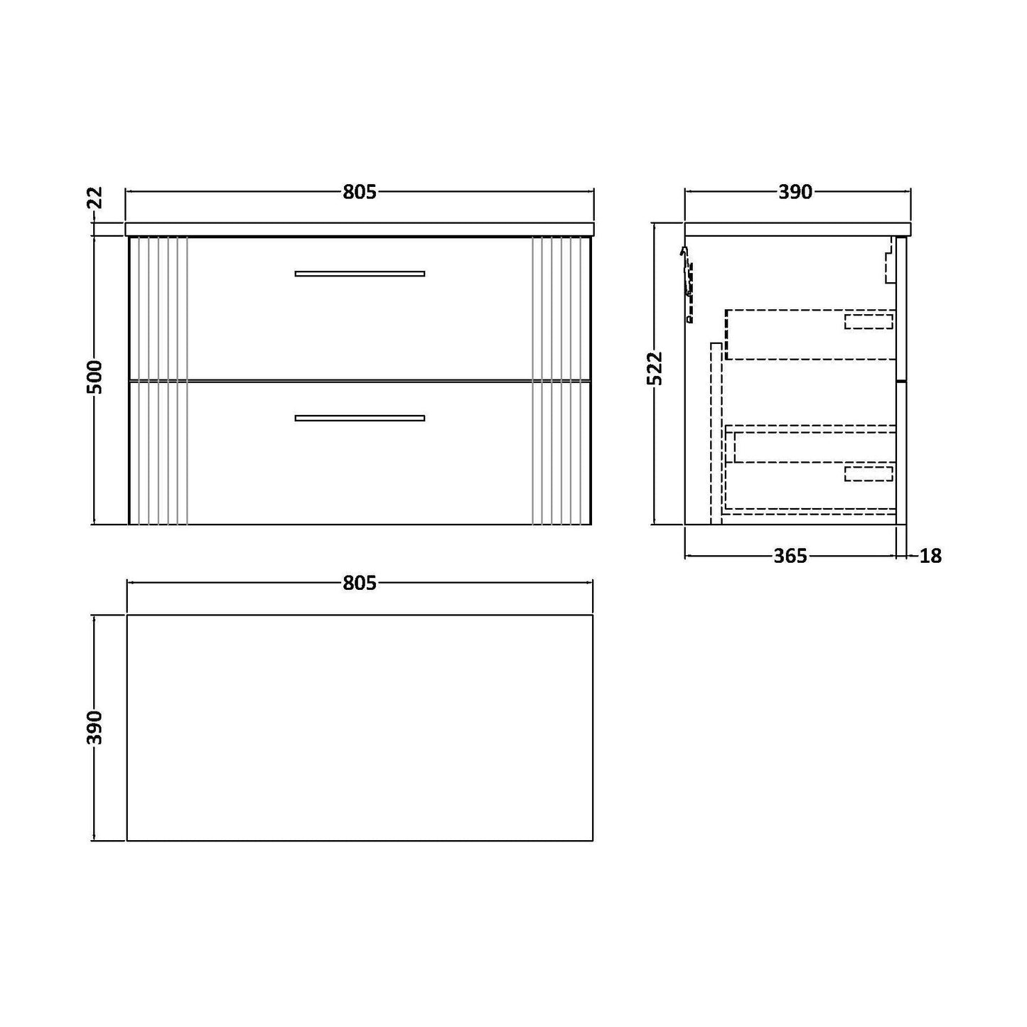 [BFPF395LSW] Partial Fluted 2 Drawer Wall Hung Vanity Unit with Sparkling White Laminate Worktop - 800mm - Satin Blue - Technical Drawing