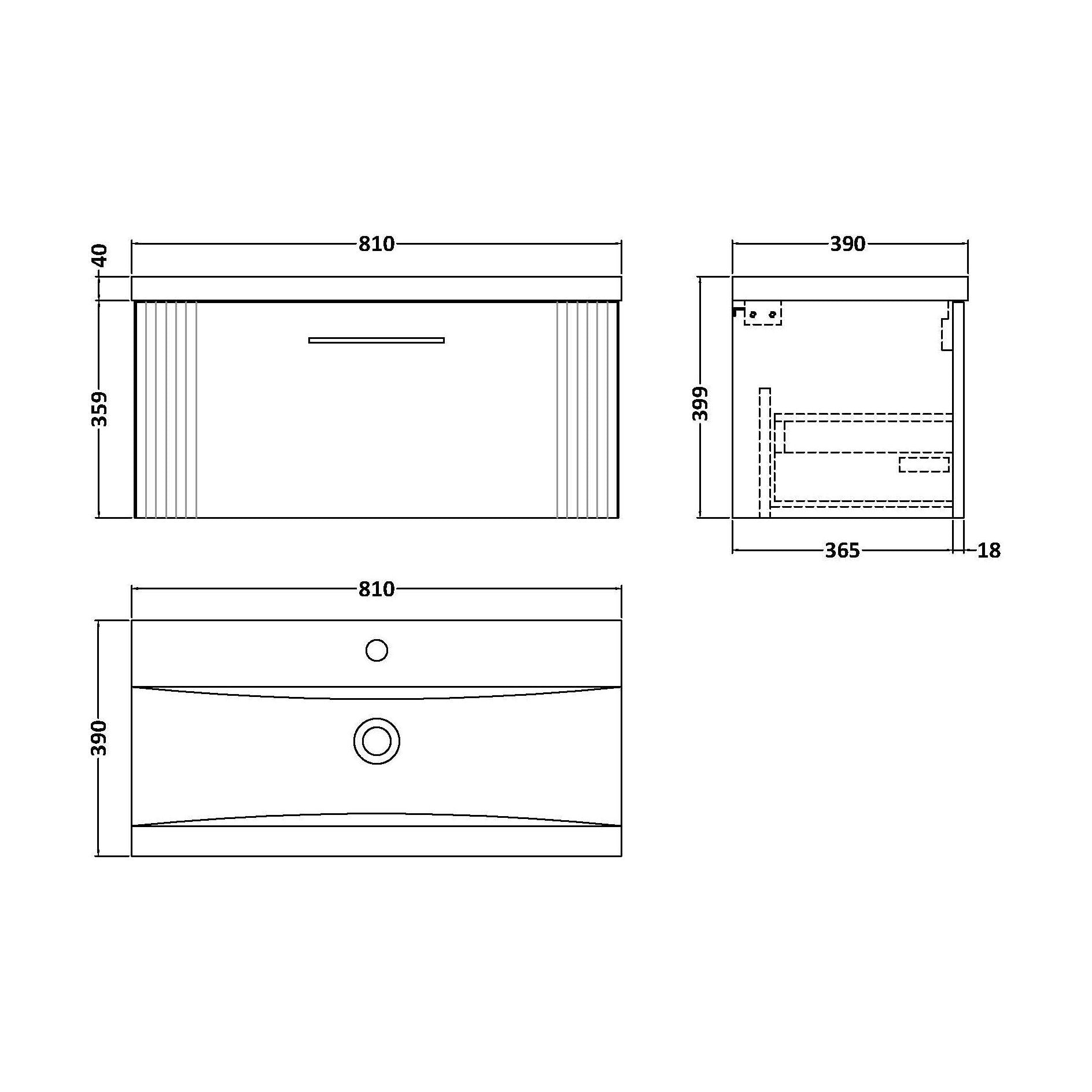 [BFPF396A] Belvide Partial Fluted 1 Drawer Wall Hung Vanity Unit with Mid-Edge 1 Tap Hole Ceramic Basin - Technical Drawing