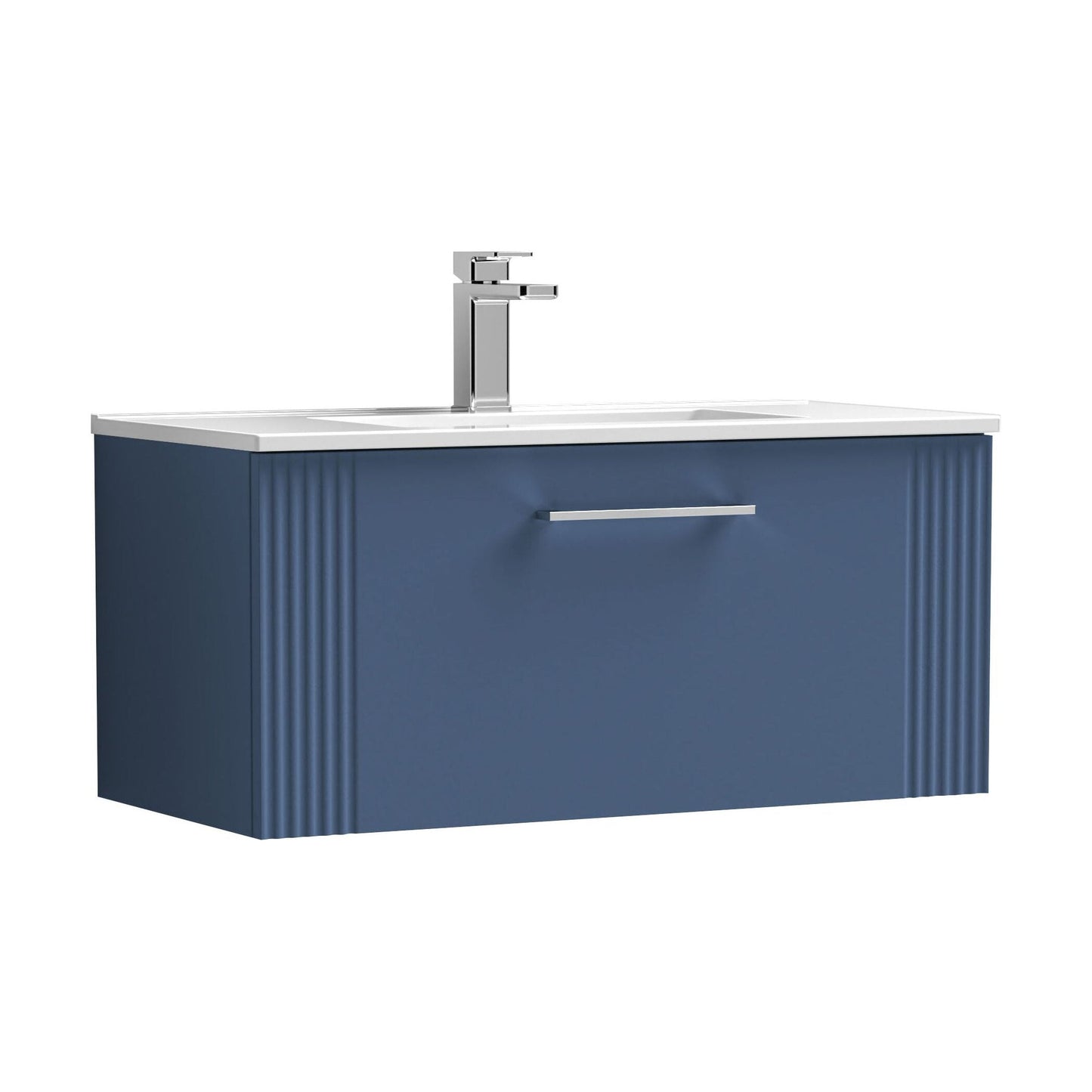 [BFPF396B] Partial Fluted 1 Drawer Wall Hung Vanity Unit with 1 Tap Hole Minimalist Basin - 800mm - Satin Blue - Cutout