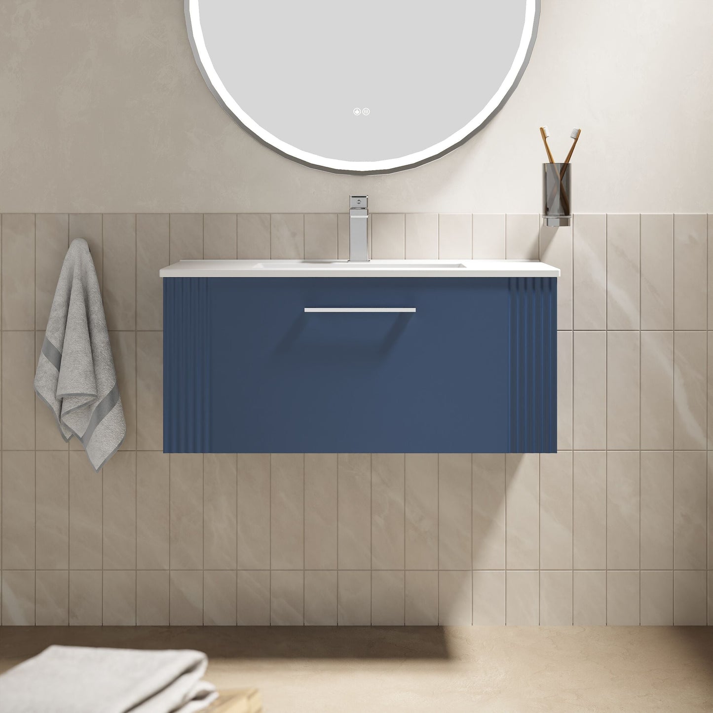 [BFPF396B] Partial Fluted 1 Drawer Wall Hung Vanity Unit with 1 Tap Hole Minimalist Basin - 800mm - Satin Blue - Lifestyle 1