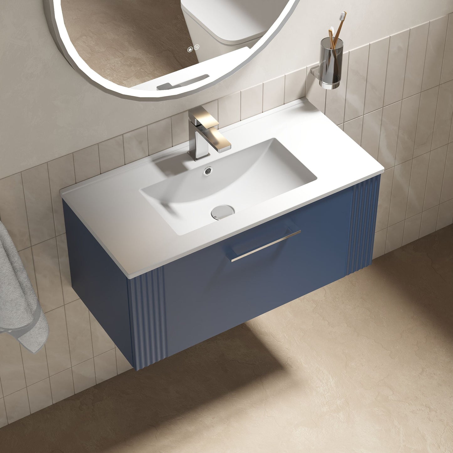 [BFPF396B] Partial Fluted 1 Drawer Wall Hung Vanity Unit with 1 Tap Hole Minimalist Basin - 800mm - Satin Blue - Lifestyle 2