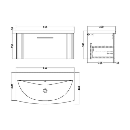 [BFPF396G] Partial Fluted 1 Drawer Wall Hung Vanity Unit with 1 Tap Hole Curved Basin- 800mm - Satin Blue - Technical Drawing